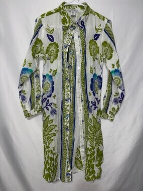 Haute Hippie White Tunic Shirt with Olive Green and Navy Floral Print